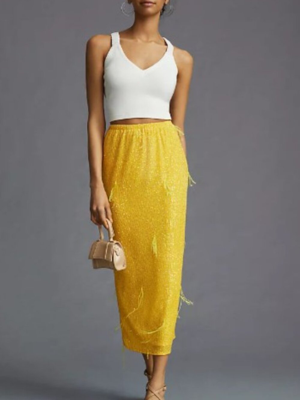 Ronny Kobo Collection Yellow Sequin Maxi Skirt with Feather Detail (Revolve)